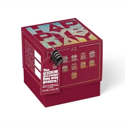 Abbildung von SURPRISA Geschenkbox Rätselbox Happy Bday Rot mit Glitzerfolie kreative Verpackung für Geburtstagsgeschenke &amp; Gutscheine (Größe 16 cm)