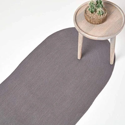 Abbildung von Homescapes ovaler Teppichläufer 66 x 200 cm, dunkelgrau, geflochtener Läufer aus Baumwolle, Wendeteppich, handgewebter Retro Teppich, anthrazit