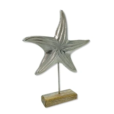 Abbildung von Metall Skulptur mit Holz Fuß Silber braun Seestern 25 x 33cm Dekofigur Tisch Deko Maritim Mediterran Meeresdeko