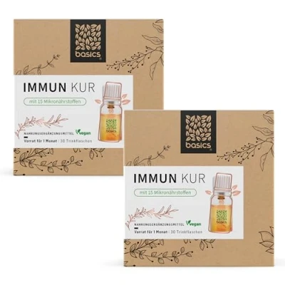 Abbildung von basics Immun Kur mit 15 Mikronährstoffen Multivitamin Supplement Mineralstoffe unterstützt Immunsystem und Energiestoffwechsel 30 Trinkflaschen 10ml pro Tagesdosis Vegan 2er Pack