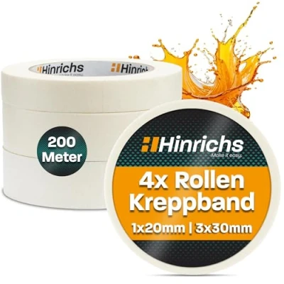 Abbildung von Hinrichs Klebeband 4 x Kreppband 3 Rollen 50 m 30 mm plus 1 Rolle 20 Malerkrepp für sauberes Abkleben