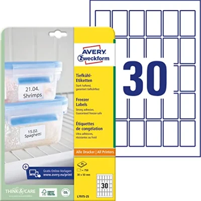 Abbildung von AVERY Zweckform L7975 25 Tiefkühletiketten (750 Aufkleber, 30x50mm auf A4, selbstklebend, temperaturbeständige und tiefkühlfeste Klebeetiketten für Gefriergut, bedruckbar) Blatt, weiß