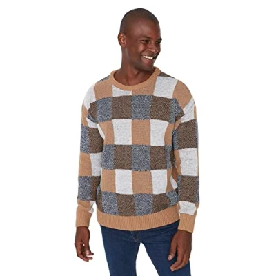 Abbildung von TRENDYOL MAN Herren Crew Neck Plaid Oversize Sweater Sweatshirt, Camel, S EU