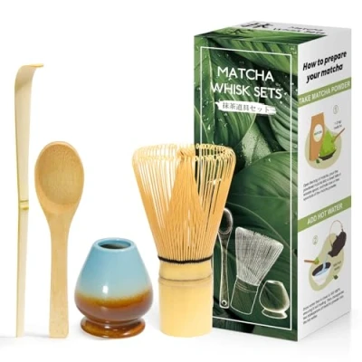 Abbildung von 4 Stück Matcha japanisches Zeremonienset, MatchaBesen aus Naturbambus, Löffel Bambus, Schaufel Quirlhalter, Zubehör für die Teezeremonie, das Getränk Kaffeeblau Abgestuft