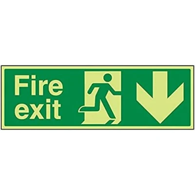 Abbildung von VSafety englisches Warnschild „Fire Exit“, 450 x 150 mm, fester Kunststoff, leuchtet in der Dunkelheit, Pfeil runter