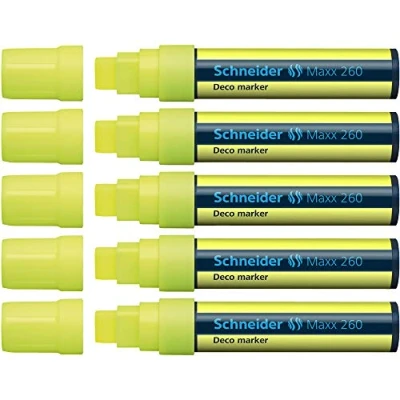 Abbildung von Schneider Maxx 260 Kreidestift (5 + 15 mm Strichstärke, feucht abwischbar, wasserbasiert, geruchsneutral) 5er Pack gelb