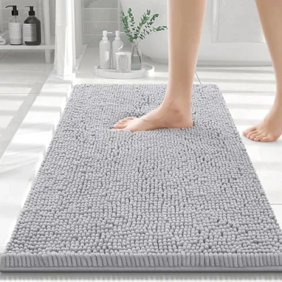 Abbildung von Homaxy rutschfeste Badematte Chenille Badezimmerteppich Mikrofaser Badteppich Saugfähige Hochflor Badvorleger 40 x 60 cm, Hellgrau