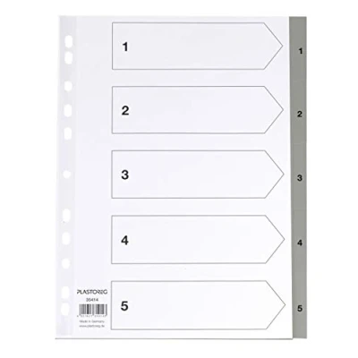 Abbildung von 5er Set 5 teiliges Register/Trennblätter aus PP, DIN A4 mit Zahlen 1 5, volldeckend, grau praktischem Deckblatt stabilem Papier zum Beschriften. Trenn Blätter für die Ordner Organisation im Büro