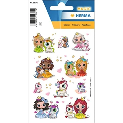 Abbildung von HERMA 15741 Aufkleber Prinzessin Einhorn Glitzer klein, 22 Stück, Mädchen Sticker aus Seide Stoff mit süßen Princess Motiv, Kinder Etiketten für Tagebuch Poesiealbum Scrapbooking Geburtstag Deko DIY