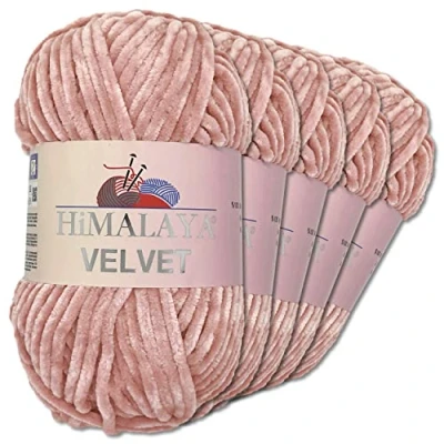 Abbildung von Wohnkult Himalaya 5 x 100 g Velvet Dolphin Wolle 40 Farben zur Auswahl Chenille Strickgarn Glanz Flauschgarn Accessoire Kleidung (90049 Altrosa)