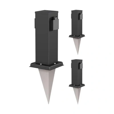 Abbildung von ledscom.de 3 Stück Garten Steckdosen Säule Polly mit Erdspieß für außen, IP44, 2 Fach, Edelstahl, eckig, schwarz, 27cm