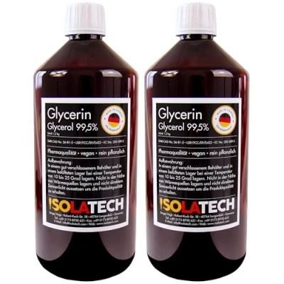 Abbildung von ISOLATECH Glycerin 99,5% 2 Liter Pharmaqualität made in Germany, gemessen 99,98% rein Pflanzlich, Glyzerin Glycerol flüssig transparent x 1000ml Flasche (Inhalt 1,2kg)