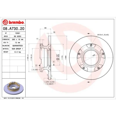 Abbildung von BREMBO 08.A730.20 Bremsscheibe 280 16 5 voll mit ABS Sensorring FORD: Transit Mk6 Bus, Kastenwagen, Pritsche/Fahrgestell