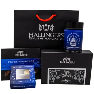 Abbildung von Hallingers Frohe Weihnachten Groß No. 01 Weihnachtliches Geschenk Set mit Tafel Schokolade, Pralinen, Nougat Mandeln und Tee (Set) Adventskalender Neuheiten &amp; befüllen Glückwun