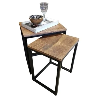 Abbildung von Amago home Beistelltisch Holz Satztisch Set 2 Stück Wohnzimmer Couchtisch Gestell Metall massiv Farbe schwarz matt Tabacco