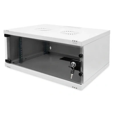 Abbildung von DIGITUS Netzwerkschrank 19 Zoll Rack 4 HE Unmontiert Wandmontage 400 mm Tiefe Traglast 60 kg Glastür SOHO Serie Grau