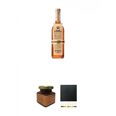 Abbildung von Basil Haydens 8 Jahre Small Batch Straight Bourbon 0,7 Liter + Kentucky Himbeer Marmelade 150 Gramm Glas Schiefer Glasuntersetzer eckig ca. 9,5 cm Durchmesser