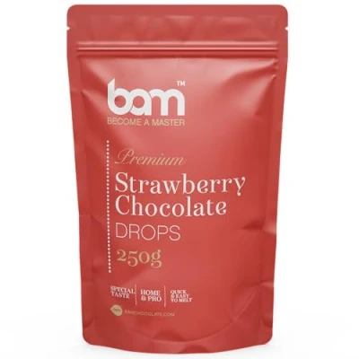 Abbildung von BAM Schokolade Drops mit Geschmack, Tropfen, Callets zum Schmelzen, Backen für Zuhause und Profi (Erdbeer Schokolade, 250 g)