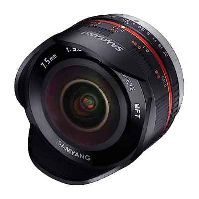 Abbildung von Samyang MF 7,5mm F3,5 Fisheye MFT schwarz APS C Sensor, 180 Bildwinkel, ideal für Reportage &amp; enge Räume, UMC vergütete Glaslinsen, kompakte Bauweise inkl. Tasche