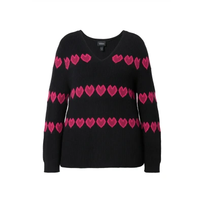 Abbildung von Ulla Popken Heart Print LONG Sleeve Vneck Strickpullover, Damen, Größe: 46/48, Black