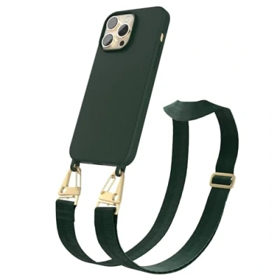 Abbildung von EAZY CASE Handykette Silikon mit Karabiner kompatibel iPhone 14 Pro Max Handyhülle breitem Umhängeband, Handykordel Silikon, Hülle, Kette für Smartphone, Pinien Grün Glänzend Gold
