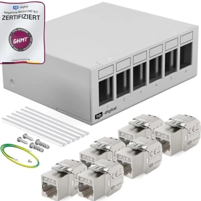 Abbildung von HB DIGITAL 6 Port Patchpanel Patchfeld Verteilerfeld 1 HE 6x CAT 8 RJ45 Keystone Jack Modul GHMT Zertifiziert vollgeschirmt STP 40 Gbps Kompatibel mit Verlegekabel Netzwerkkabel LAN Hellgrau