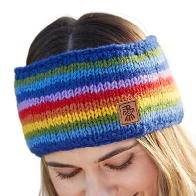 Abbildung von Pachamama Damen Wolle Ohrenwärmer Stirnband Fleece Gefüttert Handgestrickt Regenbogen Farben Streifen Mehrfarbig Einheitsgröße Handmade Fair Trade