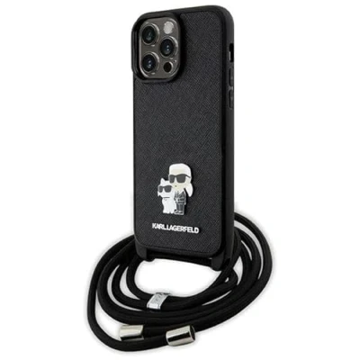 Abbildung von Karl Lagerfeld KLHCP14XSAKCPSK Hülle für iPhone 14 Pro Max 6.7&quot; hardcase Schwarz Crossbody Saffiano Metal Pin &amp; Choupette
