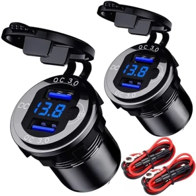 Abbildung von [2 Stück] USB Steckdose 12V Auto Wasserdicht KFZ Ladegerät 36W Metall Quick Charge 3.0 Wohnmobil Zigarettenanzünder Dose Adapter Einbaubuchse mit Schalter LED Voltmeter für Motorrad,Wohnwagen,LKW