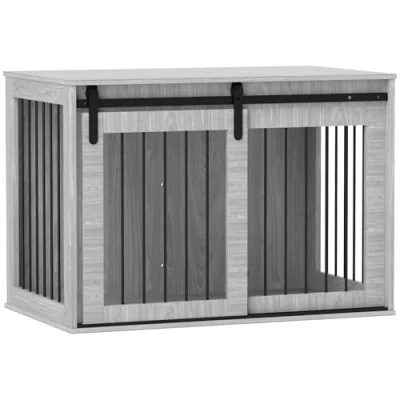 Abbildung von PawHut Hundehütte Hundekäfig für Zuhause, Abschließbar, mit Eingang, Schiebetür, große Hunde unter 30 kg, Grau, 98 x 58 61 cm