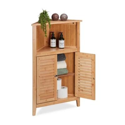 Abbildung von Relaxdays Eckschrank, Bambus, HxBxT: 92 x 58 30 cm, Badschrank mit 2 Lamellentüren, Eckkommode für Bad &amp; Küche, Natur