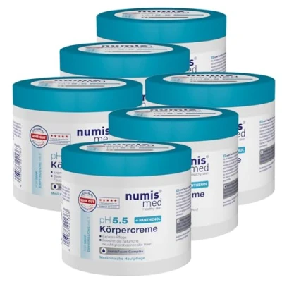 Abbildung von numis med 6x Panthenol Creme für empfindliche Haut 400 ml Körpercreme pH 5.5 Made in Germany Hautcreme ohne Silikone, Parabene &amp; mikroplastikfrei Pflegecreme, Pantenolcreme gegen trockene