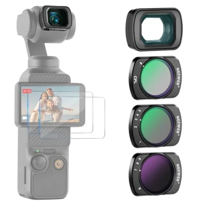 Abbildung von NEEWER Variabler ND Filter Set Kompatibel mit DJI Osmo Pocket 3 Creator Combo Zubehör 180 0,75X Weitwinkelobjektiv Displayschutzfolien, ND2 32 + ND64 512 CPL Graufilter Filter, FL B15