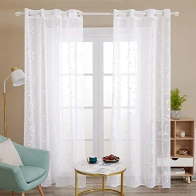 Abbildung von Deconovo Gardinen Schals Ösenvorhang Transparent Wohnzimmer Vorhang Stickerei 229x140 cm Weiß Blatt 2er Set