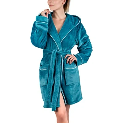 Abbildung von Gräfenstayn Damenbademantel Bademantel Damen flauschig Kapuze Kuschelfleece Türkis, warm &amp; kuschelig, Knielang, Fronttaschen, Gürtel, S XXL