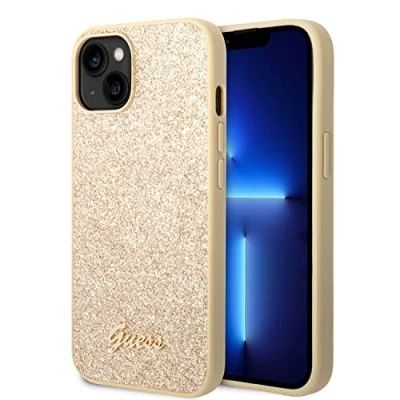 Abbildung von GUESS Glitzerflocken kompatibel mit iPhone 14 Plus Hülle Gold, Schwarz