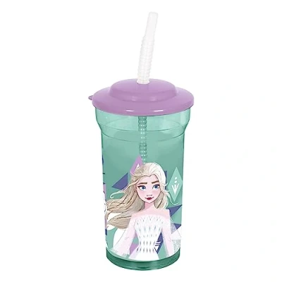 Abbildung von p:os 35454 Frozen Die Eiskönigin 2 Trinkbecher für Kinder mit integriertem Strohhalm und Deckel, Trinkgefäß ca. 460 ml Fassungsvermögen, ideal kalte Getränke, Lila