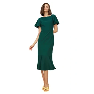 Abbildung von Trendyol Damen Bodycon Regular Fit Woven Dress Basics Midi Wickelkleid, Normale Passform, gewebtes Kleid, grün, 66