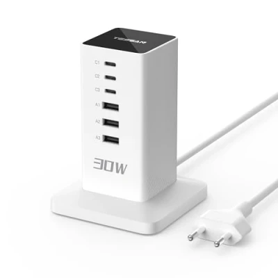 Abbildung von TESSAN USB C Ladegerät, 30W Ladestation Mehrere Geräte mit 3 A und C, Netzteil, Adapter 1,5M Kabel, 6 in 1 Netzteile für Handys, Tabletten usw