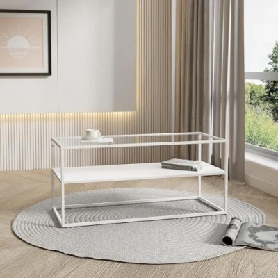 Abbildung von [en.casa] Couchtisch Solund Beistelltisch mit Glasplatte Metall Weiß matt Wohnzimmertisch Stauraum 102 x 43 46 cm Sofatisch rechteckig Kaffeetisch