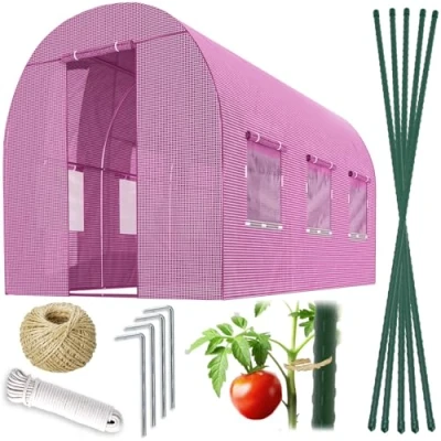 Abbildung von Plonos Folientunnel Gewächshaus Mit Rahmen Stahl Set Pflanzenstützen Zubehör 2 x 3 m 6m2 Rosa