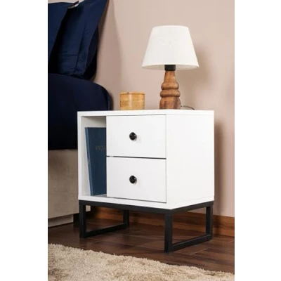 Abbildung von Nachttisch mit 2 Schubladen Franko L45,2xH50cm Weißes Holz und Schwarzes Metall Menzzo