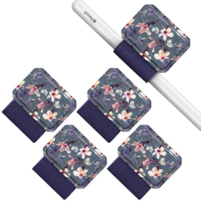 Abbildung von Fintie 4 Stück Stifthalter Selbstklebend für Apple Pencil und Stylus Stift, Elastisch Kunstleder Pen Loop Holder Notizbuch, Kalender, Tablet, Ordner, Hibiskus