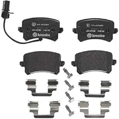 Abbildung von BREMBO P 85 142 Bremsbelagsatz inkl. Verschleißwarnkontakt mit Bremssattelschrauben, Anti Quietsch Blech Zubehör AUDI: Q3