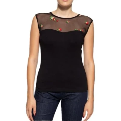 Abbildung von Queen Kerosin Damen Vintage Top T Shirt Mesh Optik Rosen Stickerei Kurzarm 50&#039;S Roses
