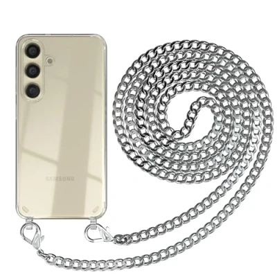 Abbildung von EAZY CASE Handykette kompatibel mit Samsung Galaxy S24 Handyhülle Metall Umhängeband und Ersatz Kordel schwarz, Handykordel Schutzhülle, Kette Smartphone Hülle, Silber