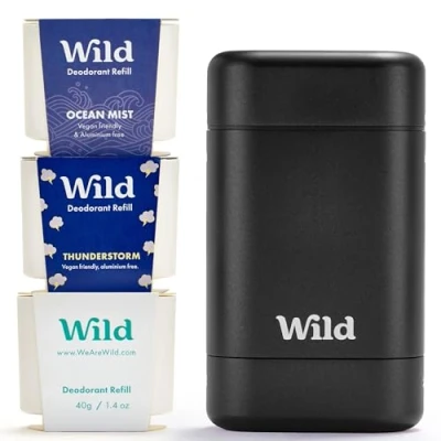 Abbildung von Wild Nachfüllbares natürliches Deodorant Starterset für Männer Aluminiumfrei Schwarzes Case mit den Duftnoten Fresh Cotton &amp; Sea Salt, Ocean Mist Thunderstorm Vegan
