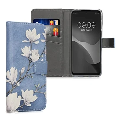 Abbildung von kwmobile Wallet Case kompatibel mit Motorola Moto E32 Hülle Cover Ständer und Kartenfächern Magnolien Taupe Weiß Blaugrau