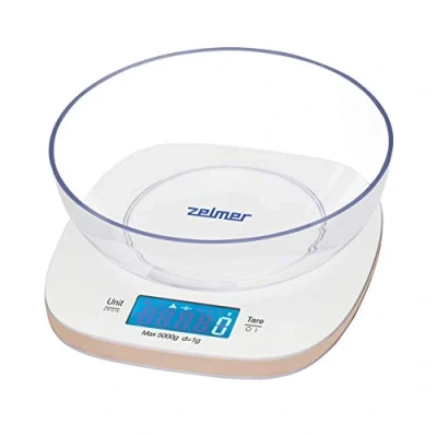 Abbildung von Zelmer ZKS1451 Digitale Küchenwaage mit Schüssel, 1 g bis 5 kg, LCD Anzeige, Tarafunktion, und ohne Schüssel verwendbar, Weiß/Elfenbein