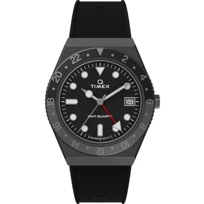 Abbildung von Timex Q Herren Armbanduhr, 38 mm, schwarzes, synthetisches, zweiteiliges Armband, schwarzes Zifferblatt Rotgussgehäuse TW2V38200